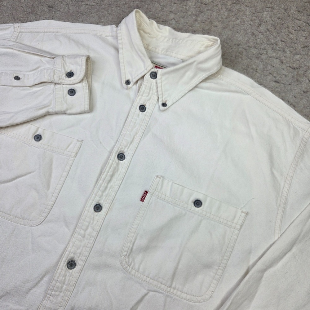 Vintage Levis Red Tab Flannel Shirt Mens L Cream Long Sleeve Button Down Y2K